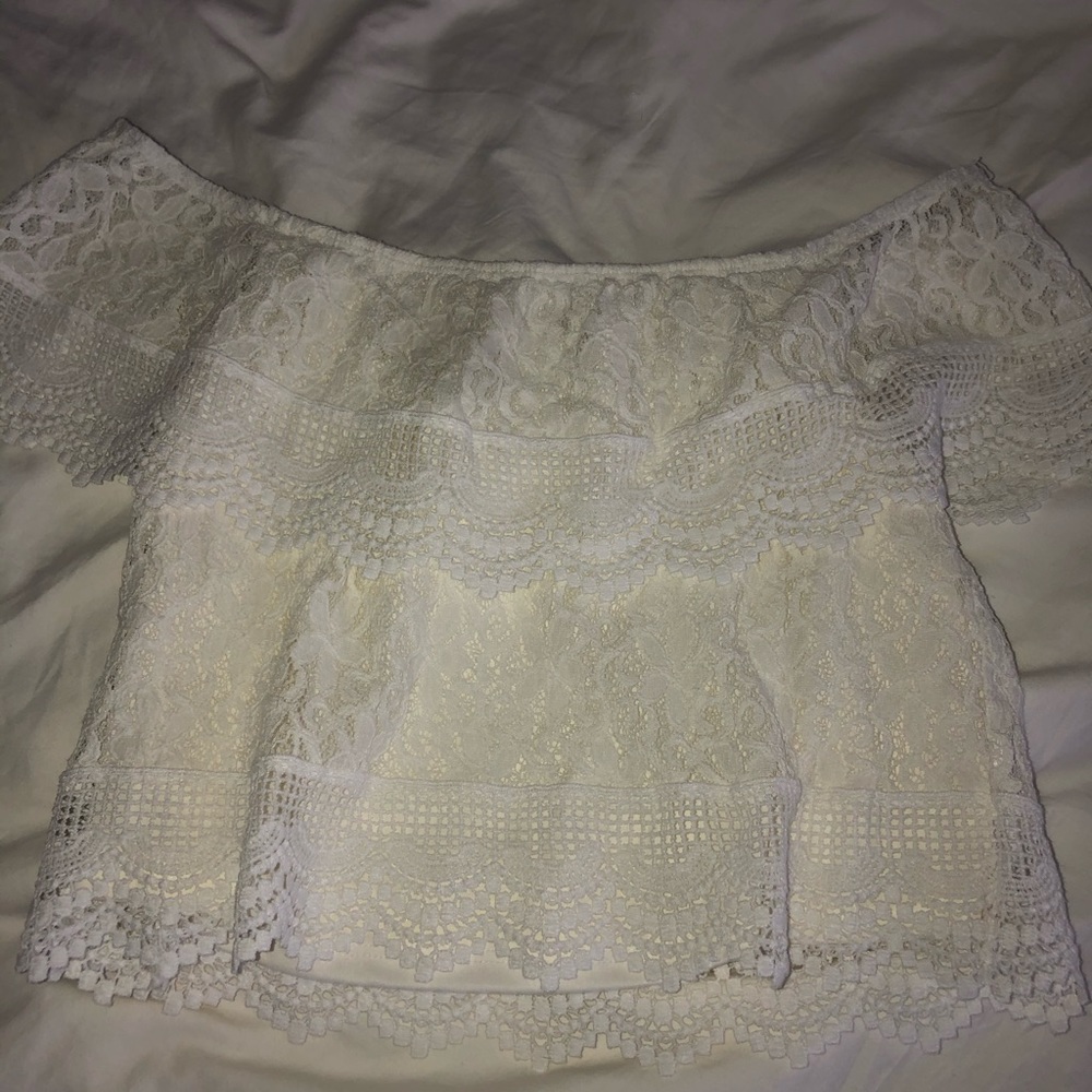Cropped white lace off the shoulder top